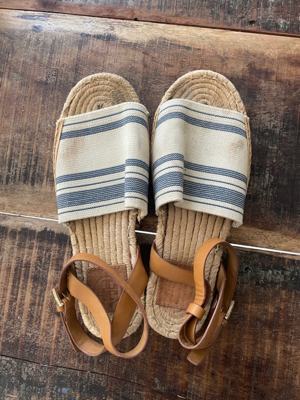 Tory Burch Tan Leather Espadrille Sandals with Natural Rope Footbed